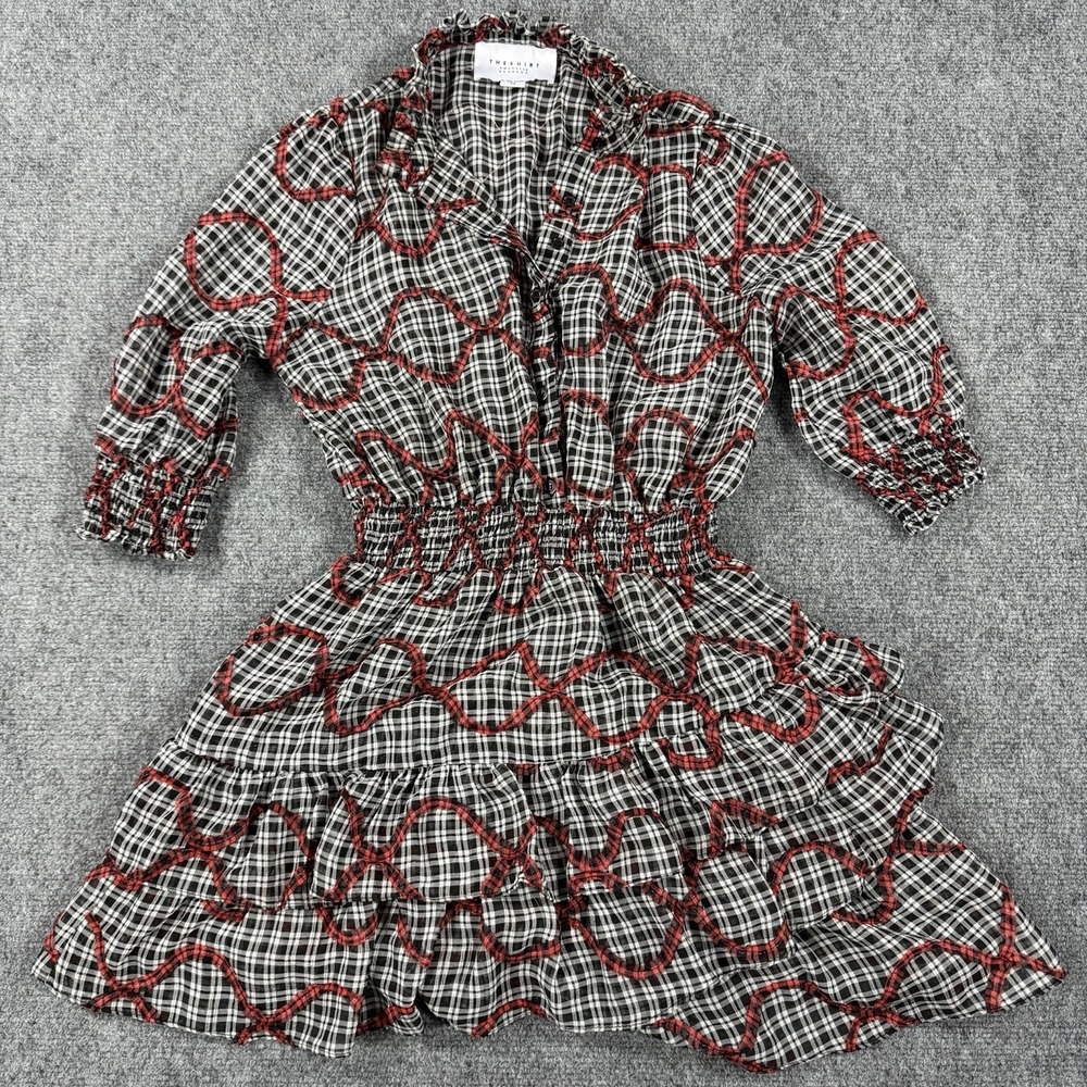 The Shirt Rochelle Berens Mini Dress XS Black Check Red Tiered Smocked